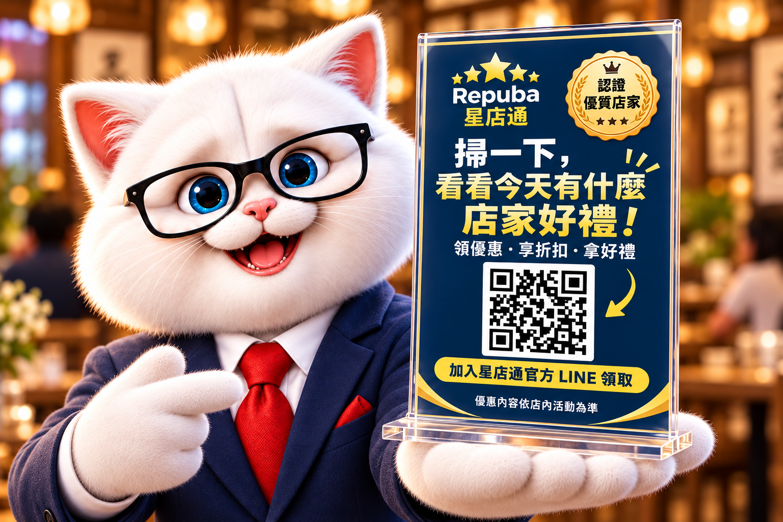 巴叔以手掌托起星店通桌卡，展示認證優質店家標章、掃碼領取店家好禮的邀請與 QR Code 示意圖。