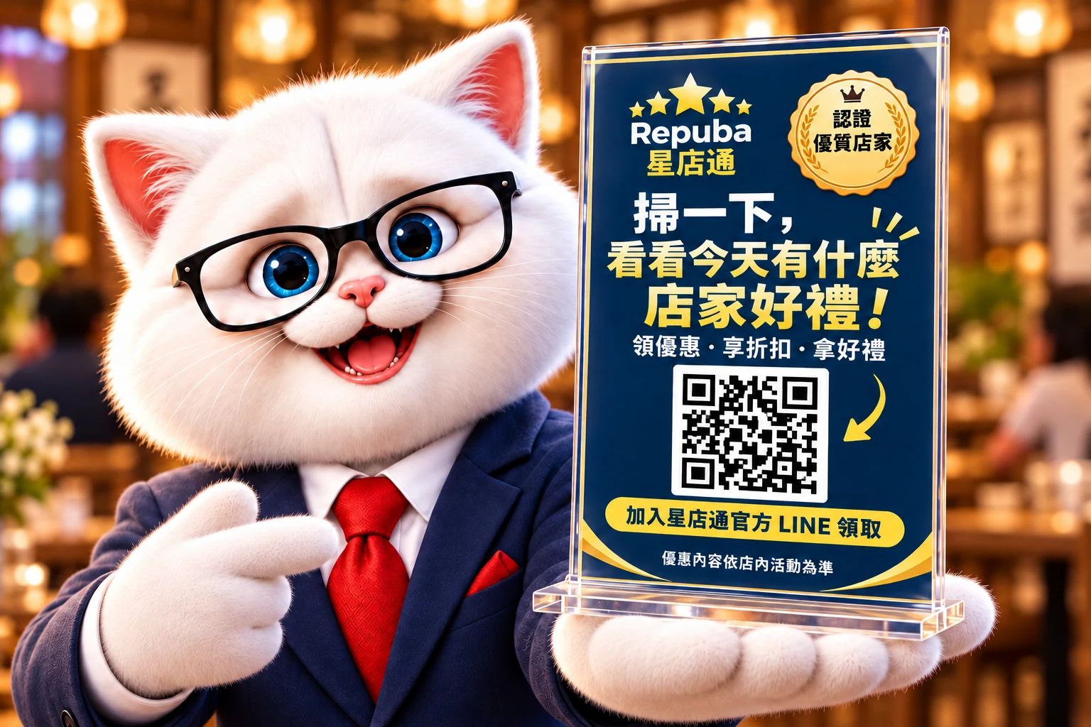巴叔托起星店通桌卡,邀請顧客掃碼領取店家優惠。