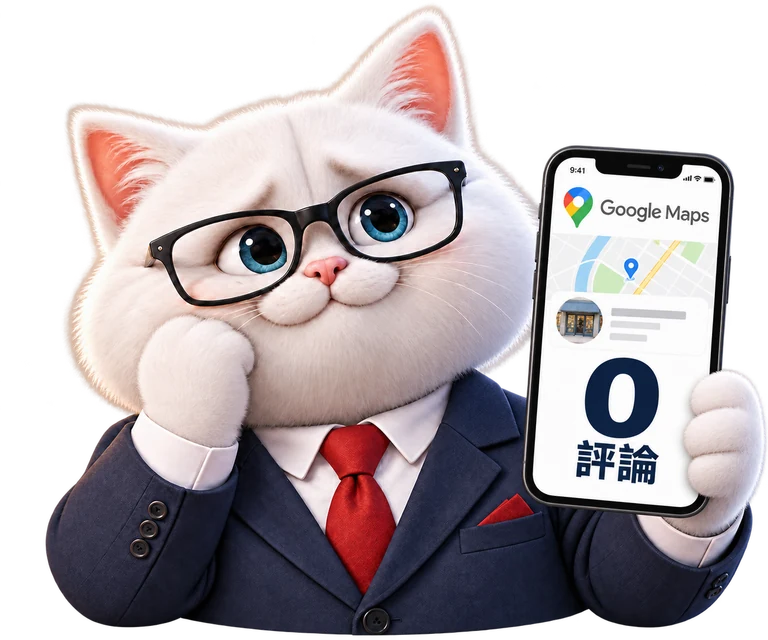 巴叔憂心地托著臉,將顯示 Google Maps 0 評論的手機螢幕朝向觀眾